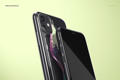 Close-up view of iPhone 11 clear case mockup set, featuring transparent cases and a splash of color on one phone.
