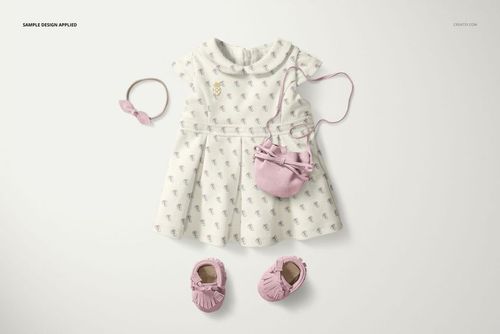 Peter Pan collar baby dress mockup set shown from above, accompanied by pink moccasins, headband, and purse.