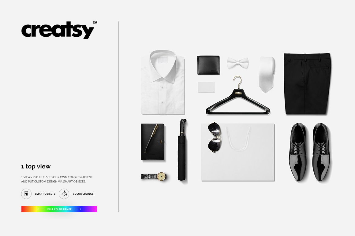 Top view of men’s fashion mockup featuring a white dress shirt, black trousers, shoes, bow tie, hanger, and accessories on a white background.