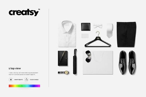 Top view of men’s fashion mockup featuring a white dress shirt, black trousers, shoes, bow tie, hanger, and accessories on a white background.