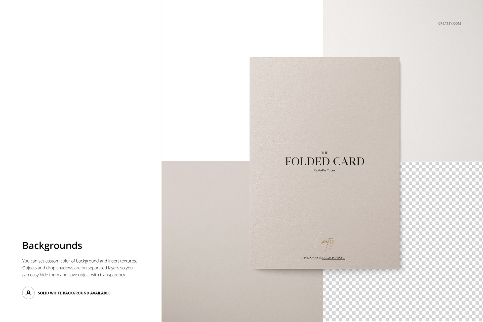 Folded card mockup displayed from a top view on a neutral background with white and transparent sections.