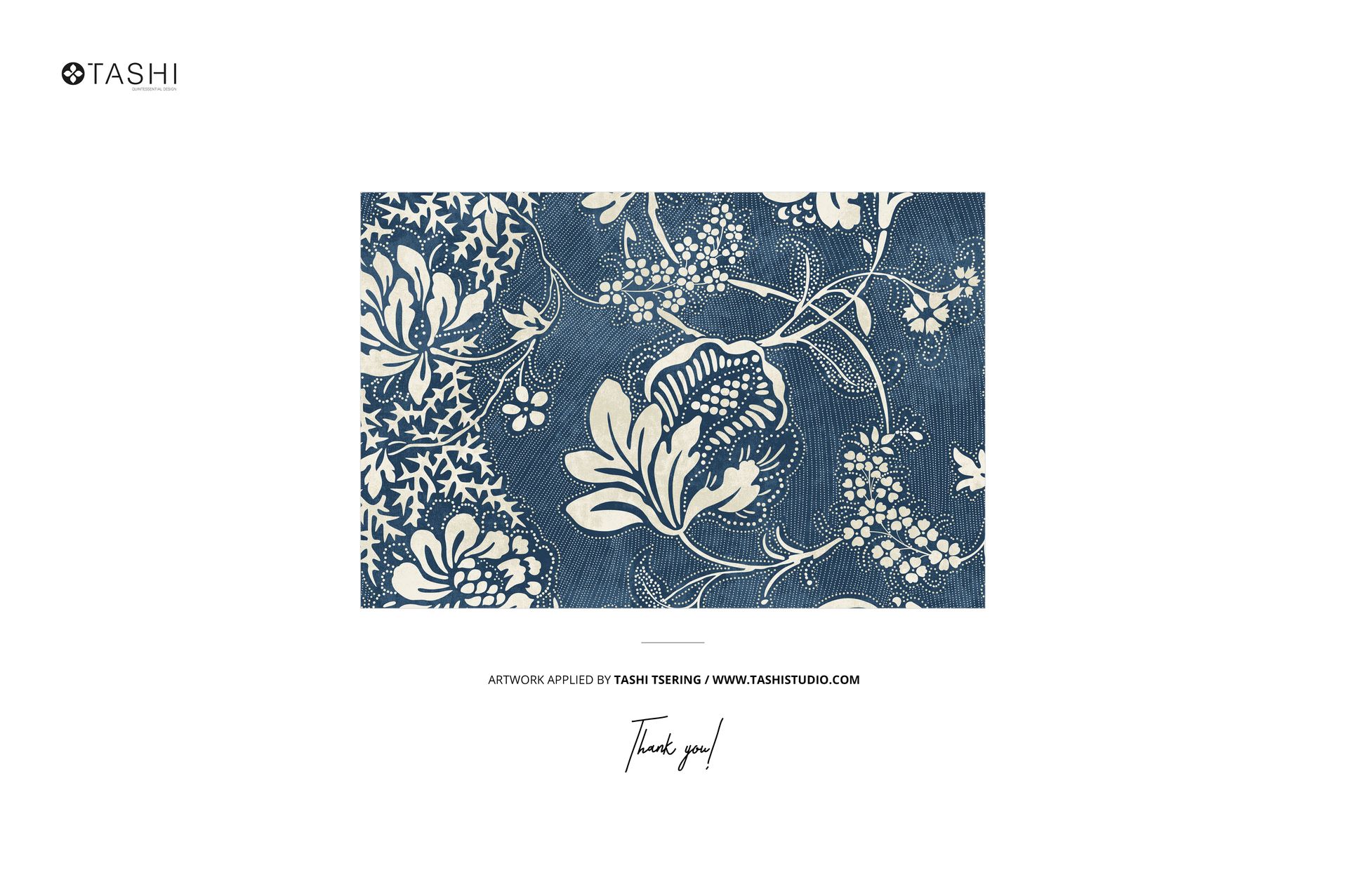 Rectangular mockup featuring a blue and white floral pattern with intricate leaves and blossoms on a textured background.