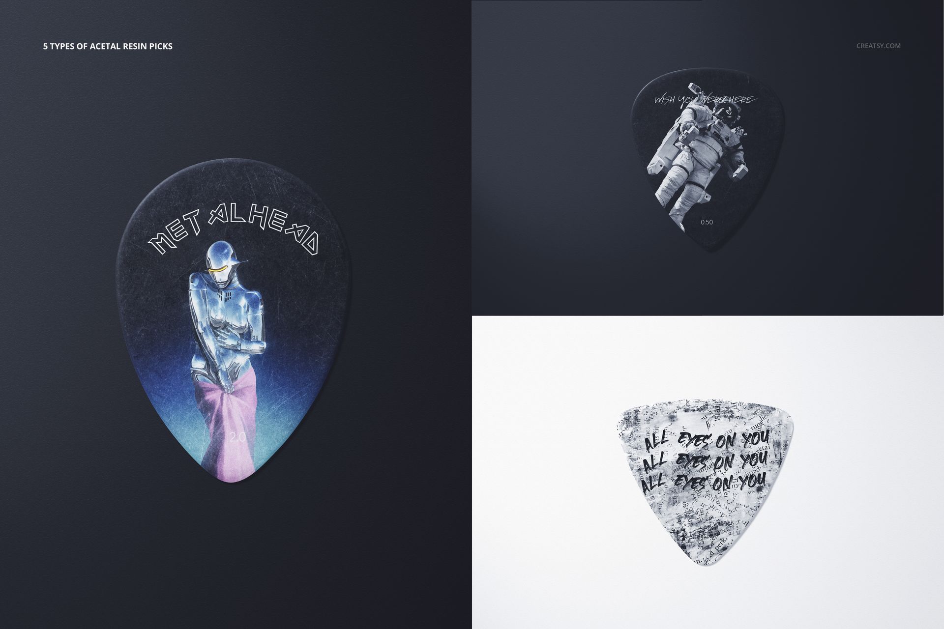 Three guitar picks with different designs displayed on a dark background, shown in close-up front view.