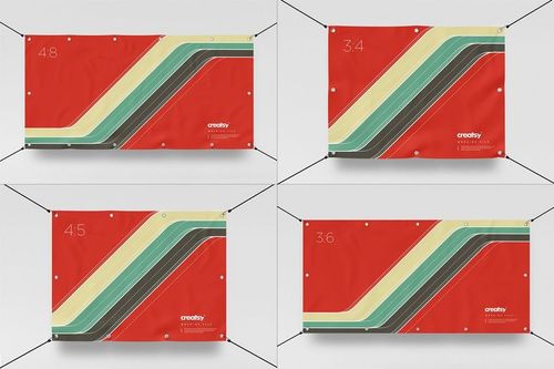 Set of four rectangular outdoor banner mockups shown from the front, featuring bold diagonal stripes and metal eyelets.