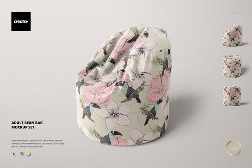 Adult bean bag with a floral and bird pattern, shown from a front angle on a light background with mockup variants.