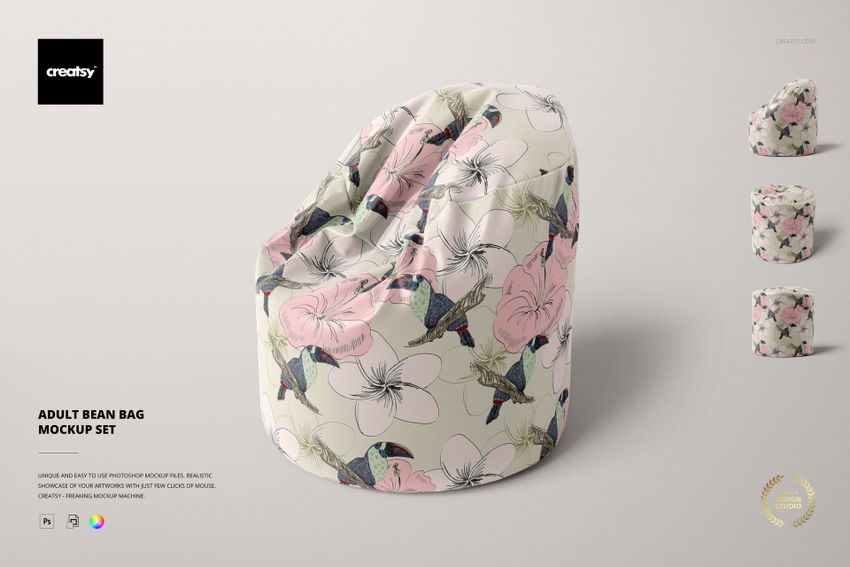Adult bean bag with a floral and bird pattern, shown from a front angle on a light background with mockup variants.