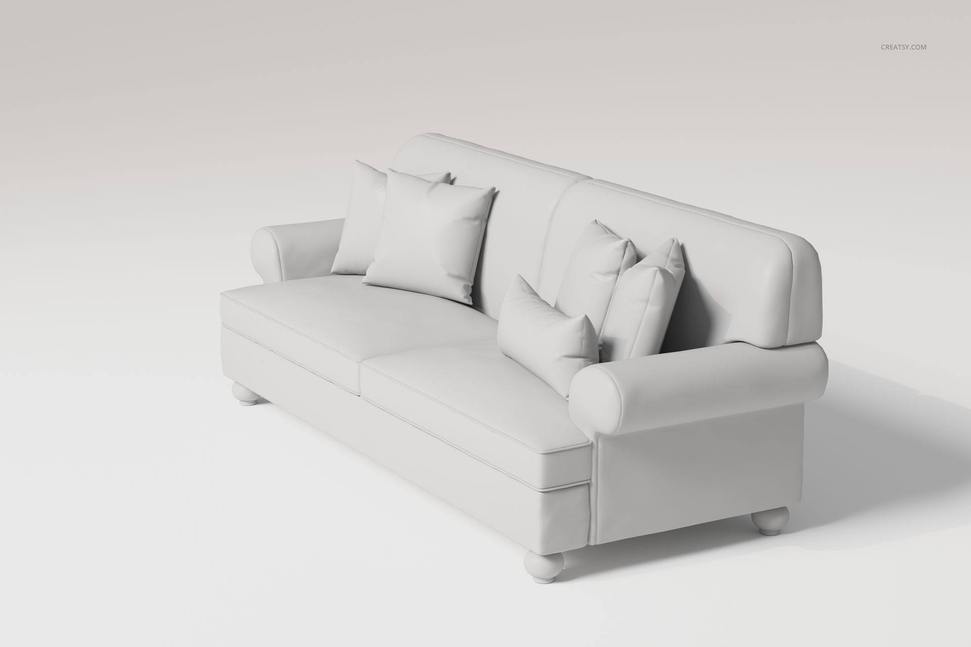 Retro style two-seater sofa in light gray, shown from a front angle with multiple matching cushions on a plain background.