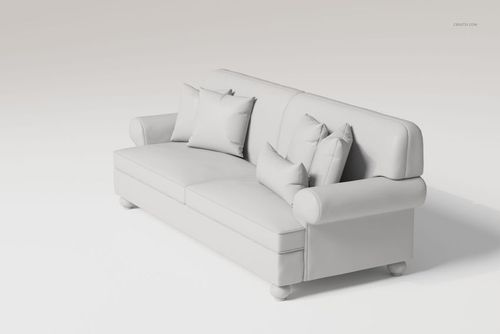 Retro style two-seater sofa in light gray, shown from a front angle with multiple matching cushions on a plain background.