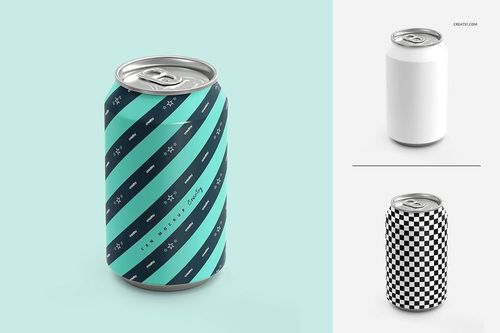 Front view of a drink can mockup featuring a turquoise and navy diagonal striped pattern with small icons.