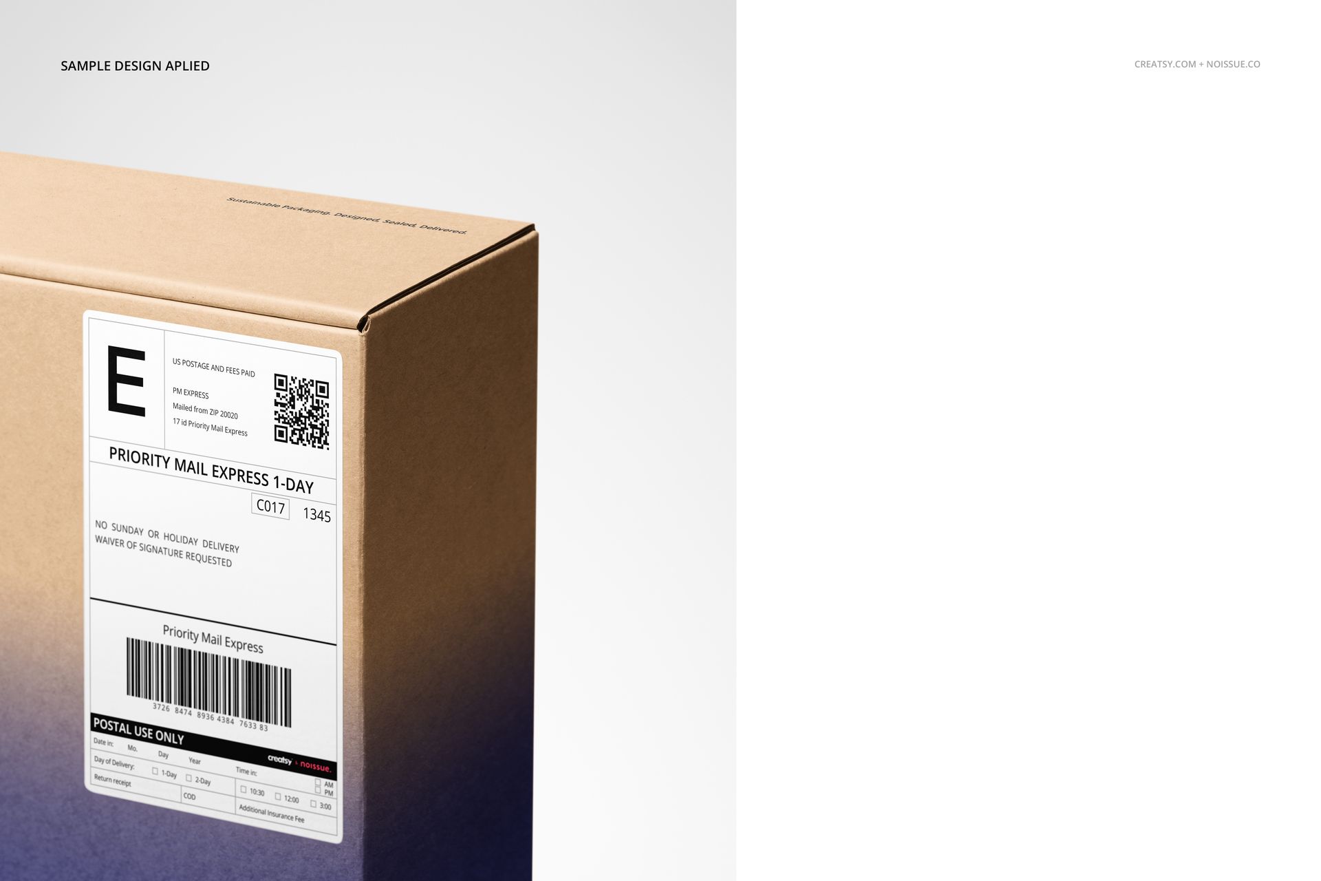 Mockup of a cardboard mailer featuring a printed shipping label, shown from the front left perspective.