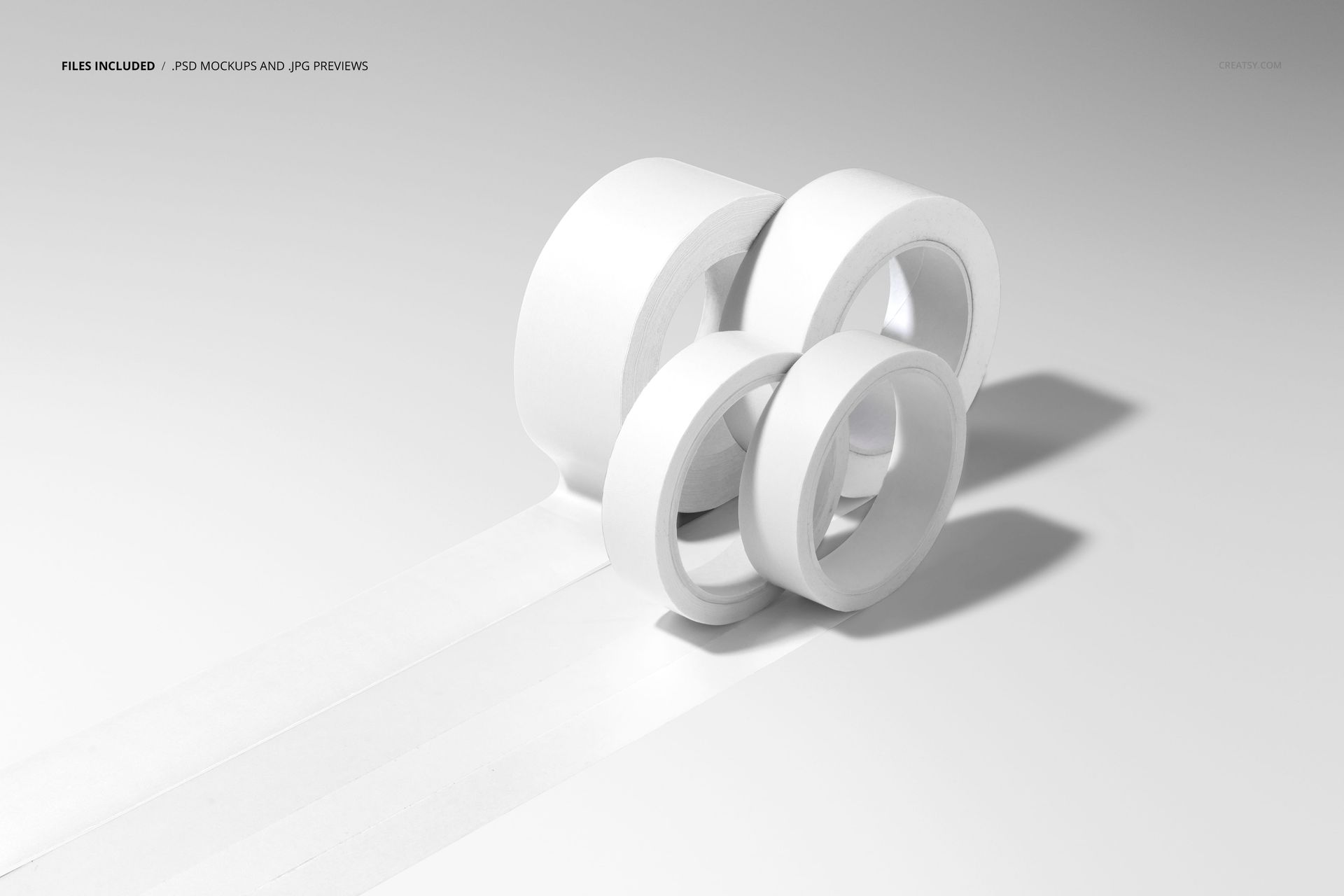 White packaging tape rolls in different sizes, unrolled and arranged side by side, displayed in a PSD mockup scene.