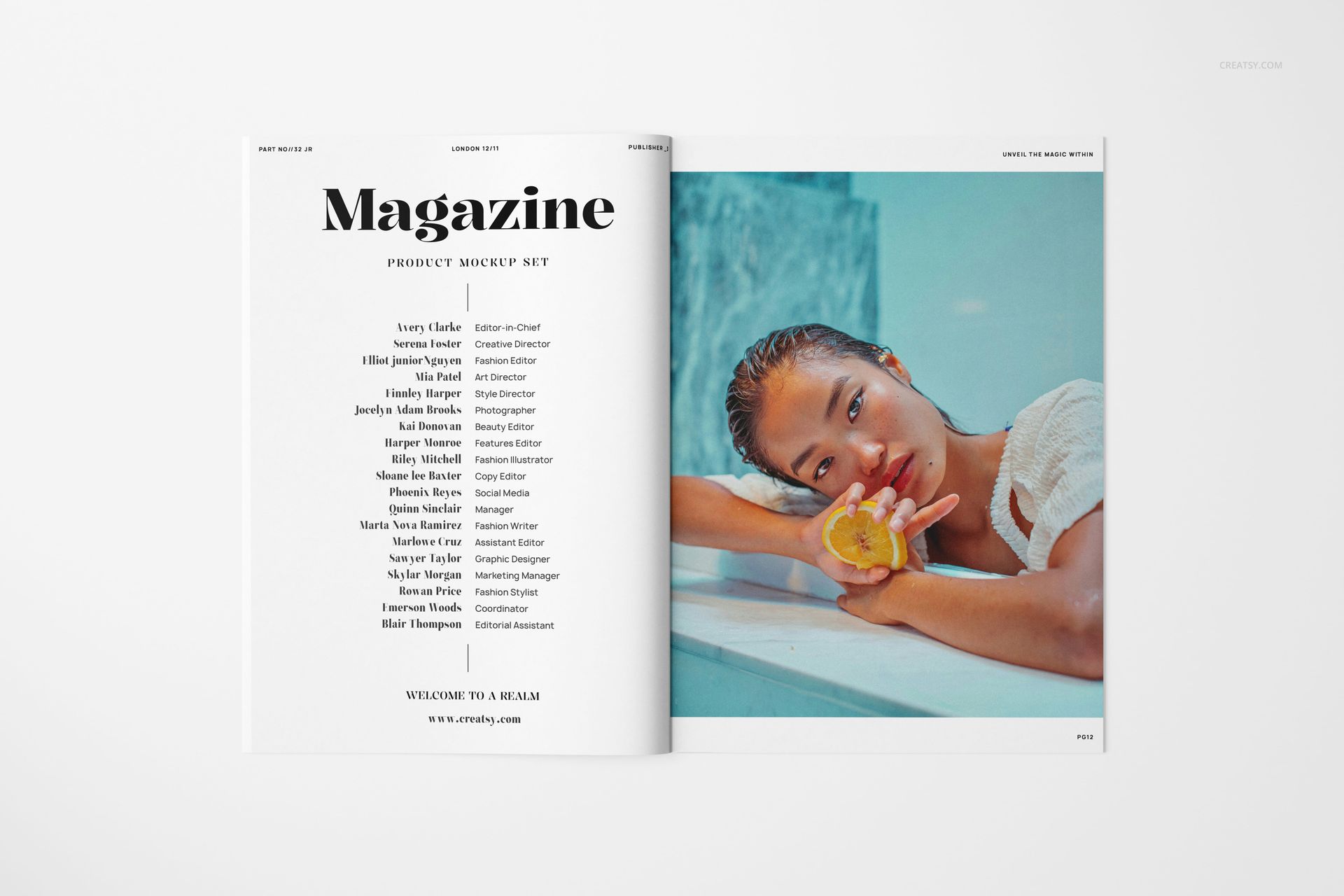A4 magazine mockup showing an open spread with a list of names on the left page and a poolside scene on the right.