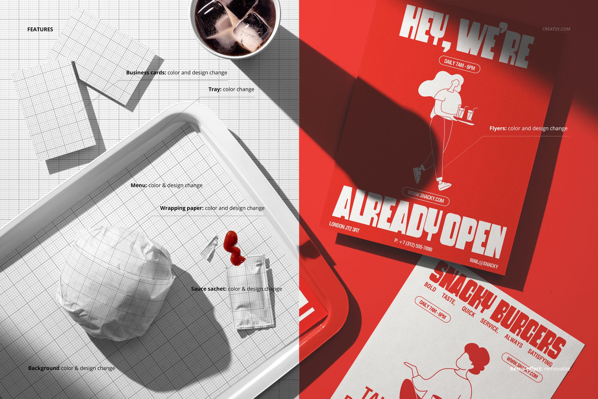 Fast food tray mockup featuring a wrapped burger, drink, and flyers on a grid-patterned background, shown in top view.