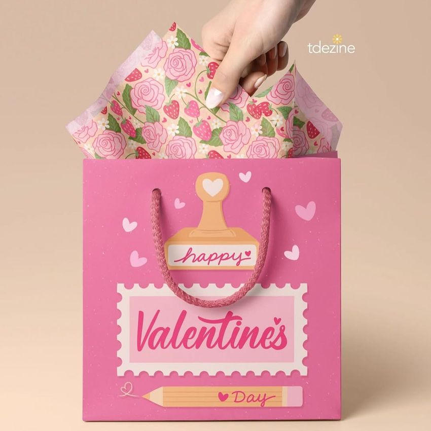 Tissue paper mockup showing a pink gift bag with Valentine's Day design, floral patterned tissue paper, and a hand placing tissue inside.