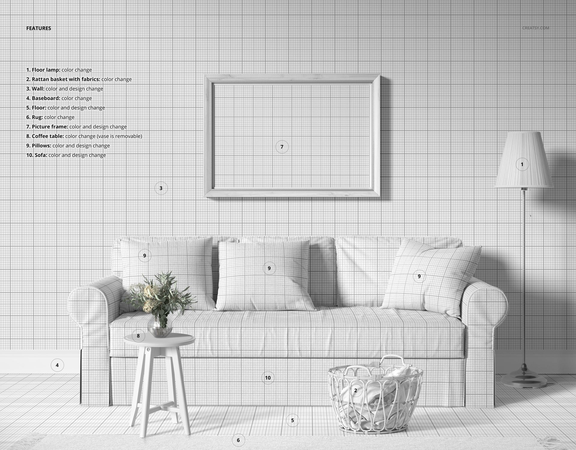 Front view of a skirted sofa with pillows in a living room scene, featuring a grid pattern wallpaper mockup.