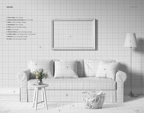 Front view of a skirted sofa with pillows in a living room scene, featuring a grid pattern wallpaper mockup.