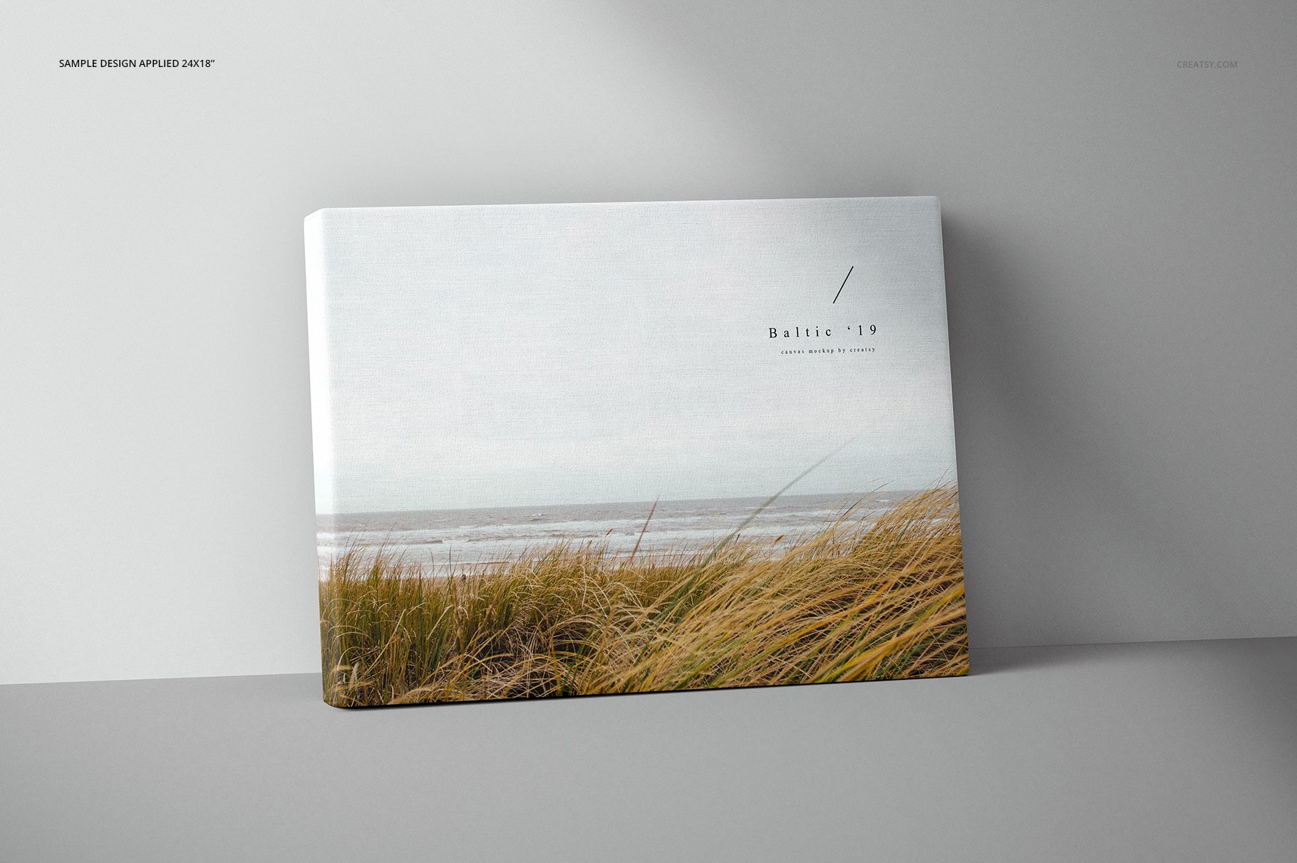 Front view of a thick canvas print mockup featuring a landscape design with grassy dunes and cloudy sky on a gray wall.