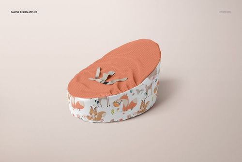 Mockup of a baby bean bag featuring an orange textured surface and illustrated animal designs around the sides.