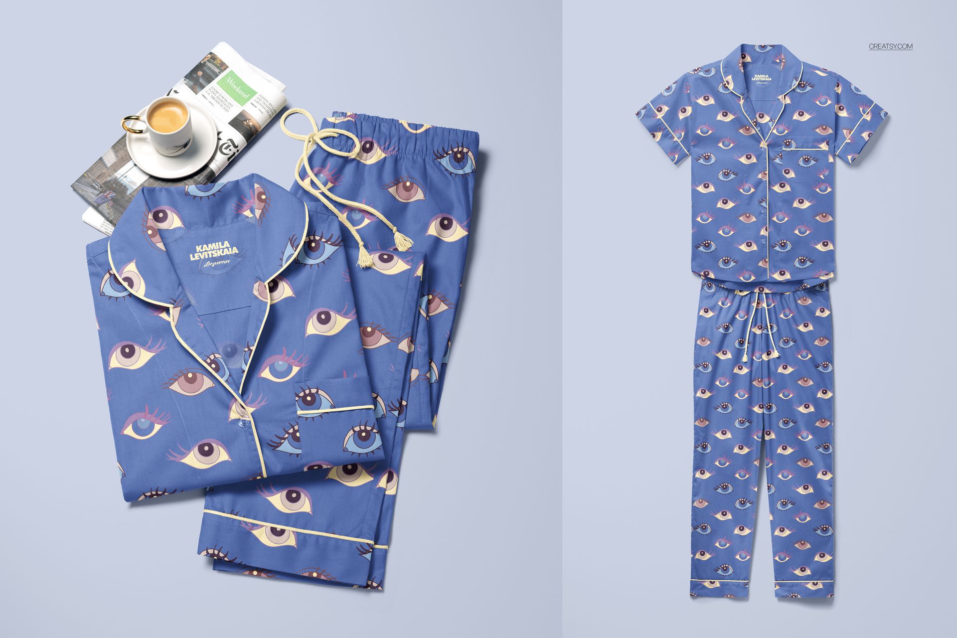 Short-sleeve pajama set with pants mockup featuring a blue fabric with eye pattern, shown from a top view.
