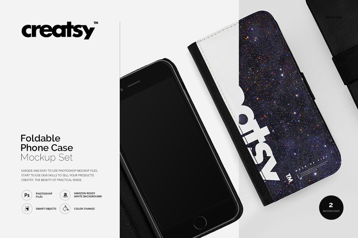 Foldable phone case mockup set featuring a galaxy-themed design, shown with a smartphone on a white background.