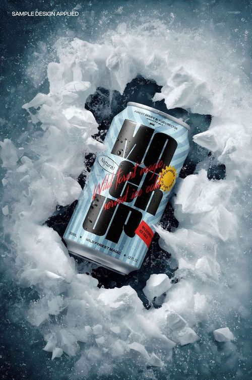 Mockup of a beverage can resting in a jagged ice hole on a frozen lake, viewed from above with icy textures.