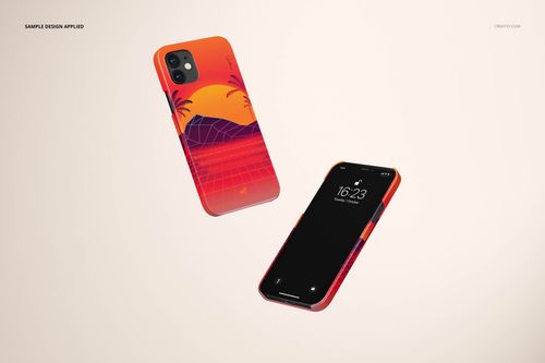 Floating iPhone 12 mockup set with glossy cases, displaying a sunset graphic and palm trees in vivid colors.