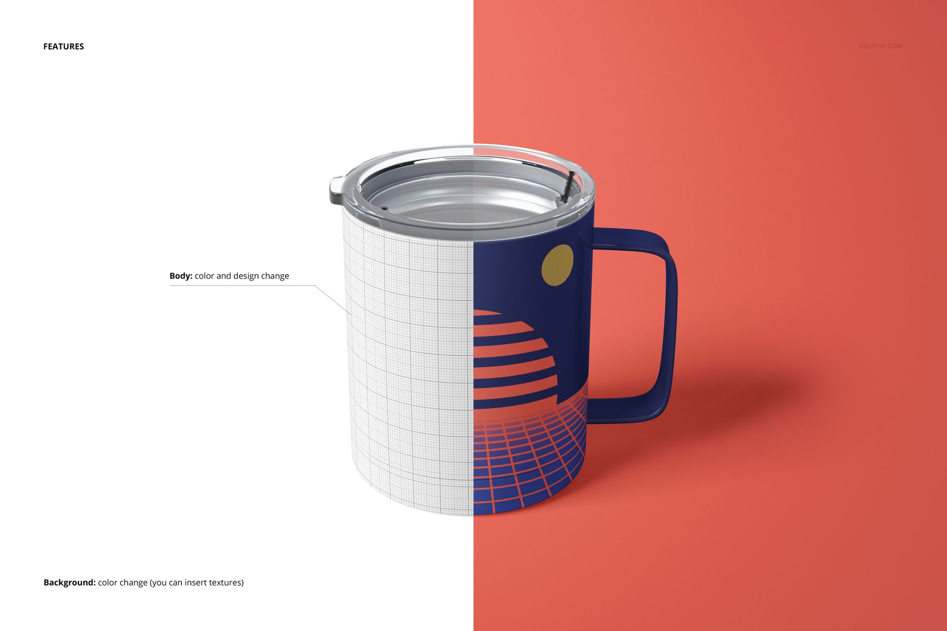 10oz stainless steel coffee cup with transparent lid, shown half in grid mockup and half with blue geometric design.