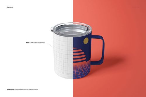 10oz stainless steel coffee cup with transparent lid, shown half in grid mockup and half with blue geometric design.