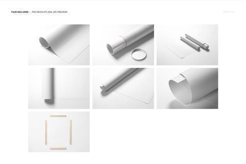 Rolled canvas print mockup set displayed in various arrangements, including tubes, rolled sheets, and wooden sticks on a white background.