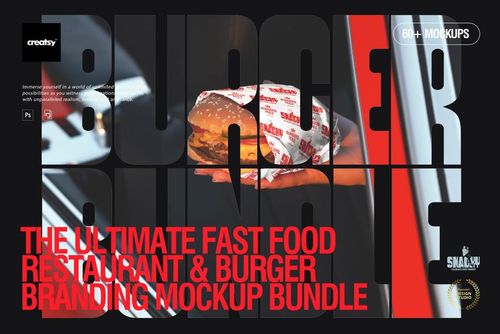 PSD mockup featuring a wrapped burger held in hand, bold typography and red accents dominate the scene.