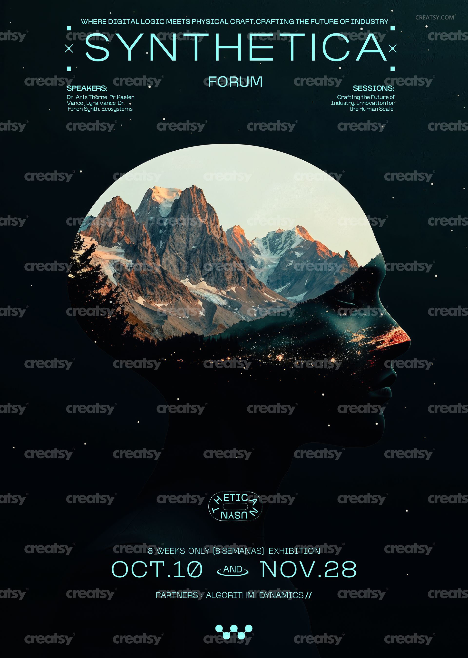 PSD mockup of a poster displaying a mountain scene at dusk with mirrored water and minimalist dark layout.