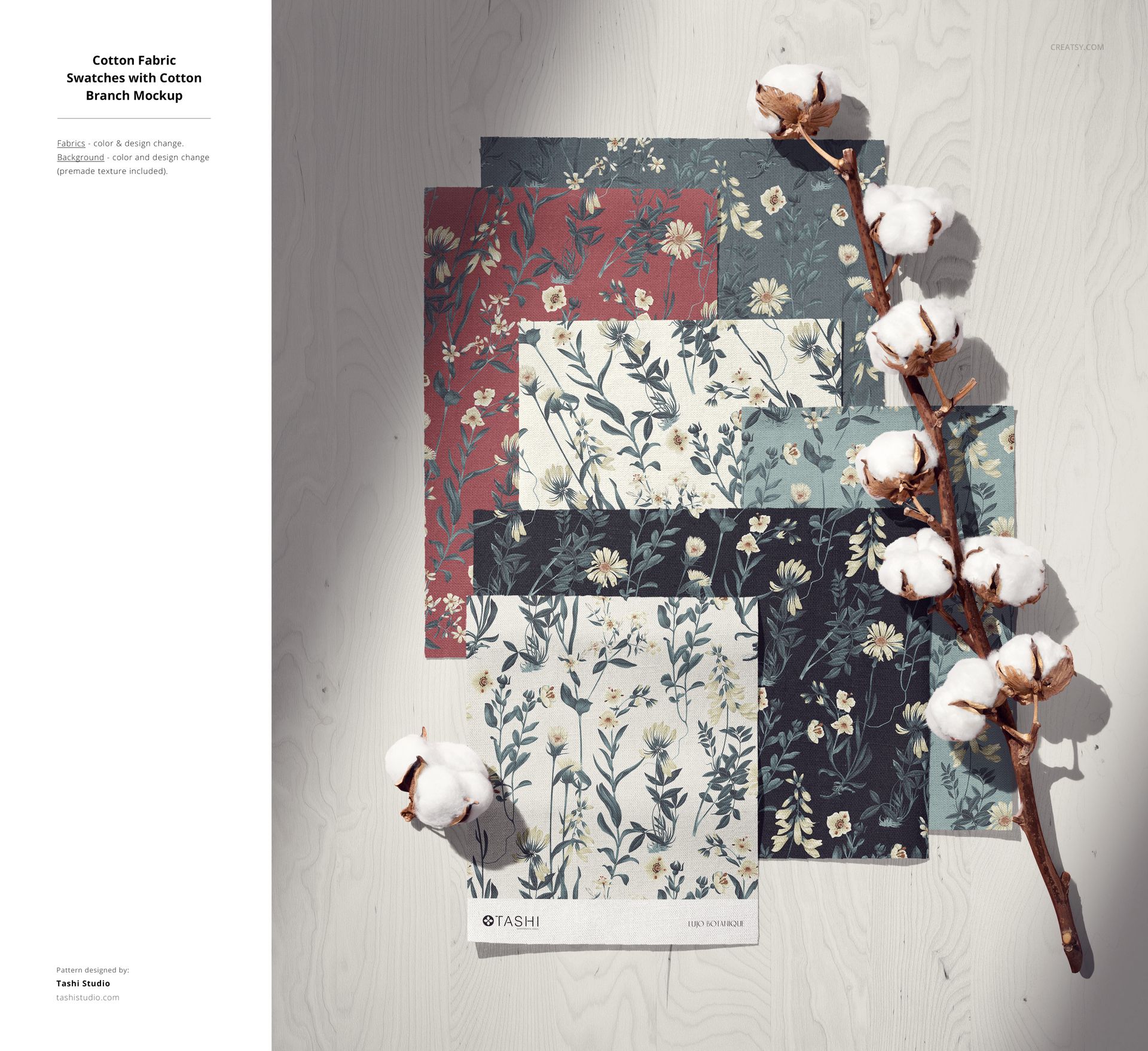 Cotton fabric mockup featuring floral patterned swatches in various colors, displayed beside a cotton branch on a wooden background.