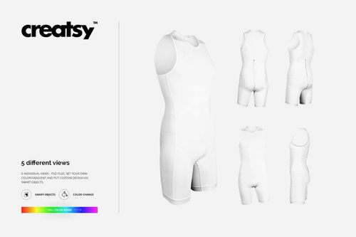 White trisuit mockup displayed in five different angles, including front, side, and back views on a plain background.