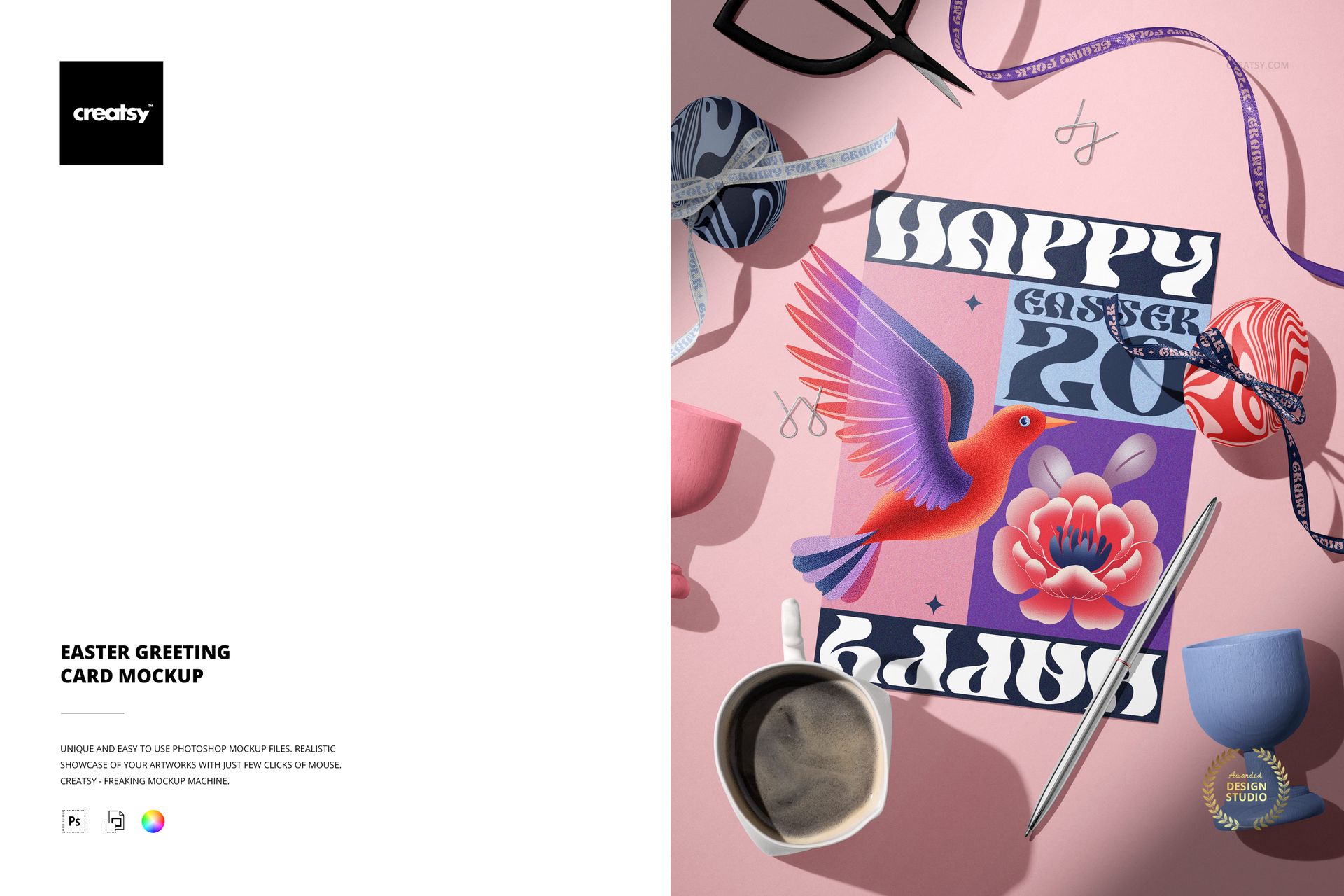 Top view of an Easter greeting card mockup on a pink table with colorful eggs, ribbons, scissors, and a coffee mug.