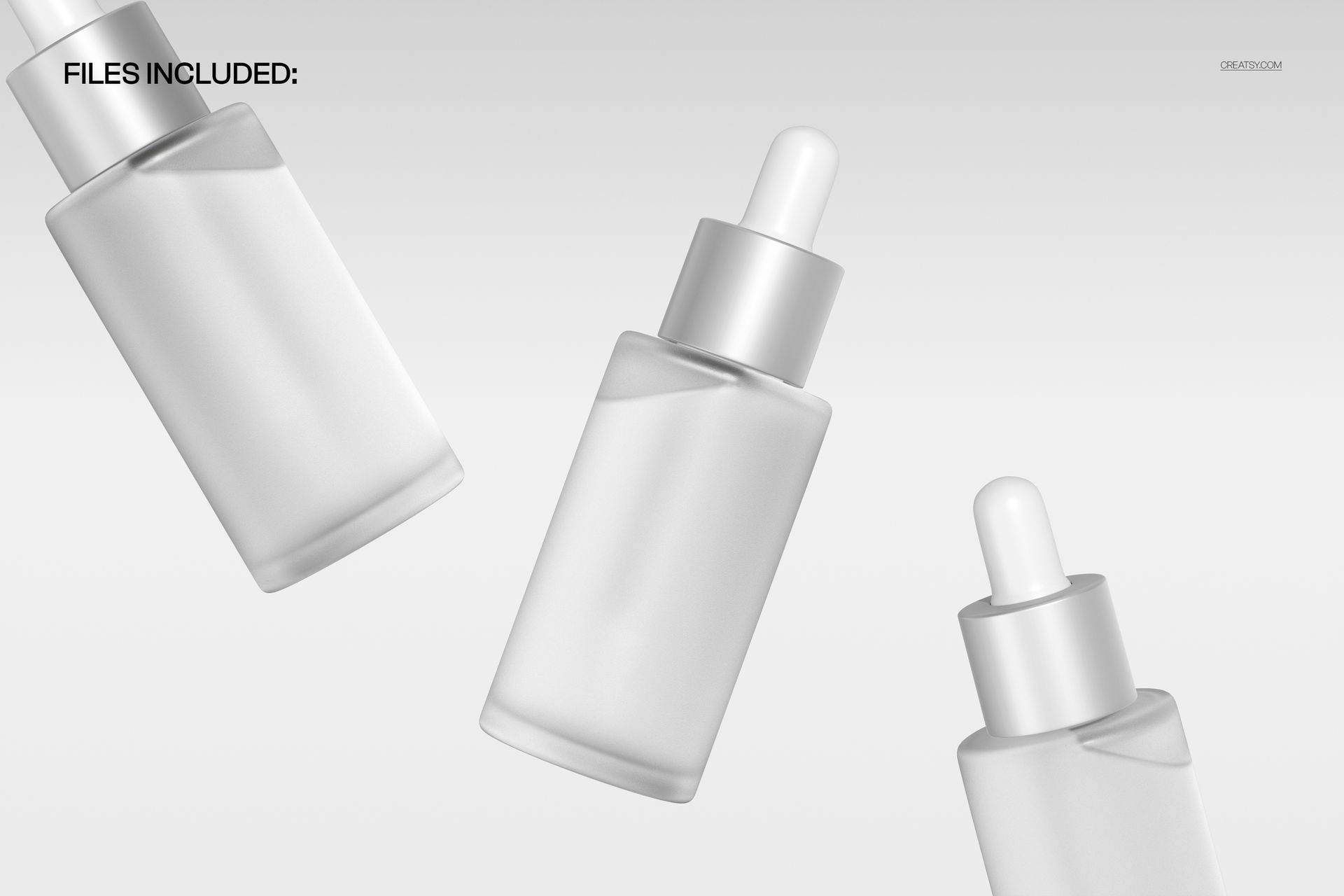 PSD mockup featuring a trio of glass dropper bottles with silver lids, displayed in a floating composition.