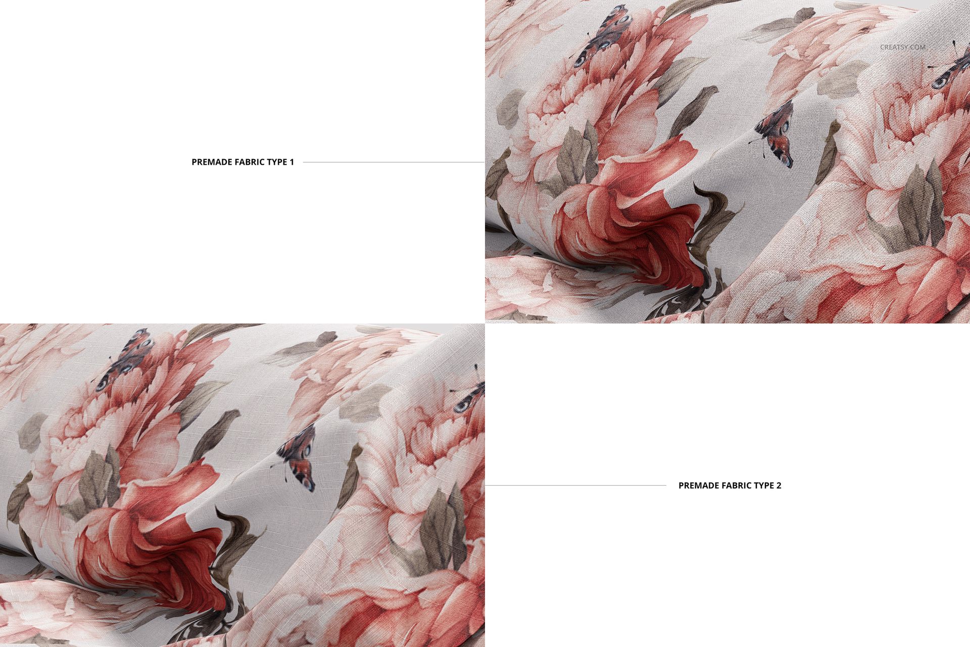 PSD mockup displaying two fabric rolls with soft pink floral motifs and butterflies, set against a clean white background.