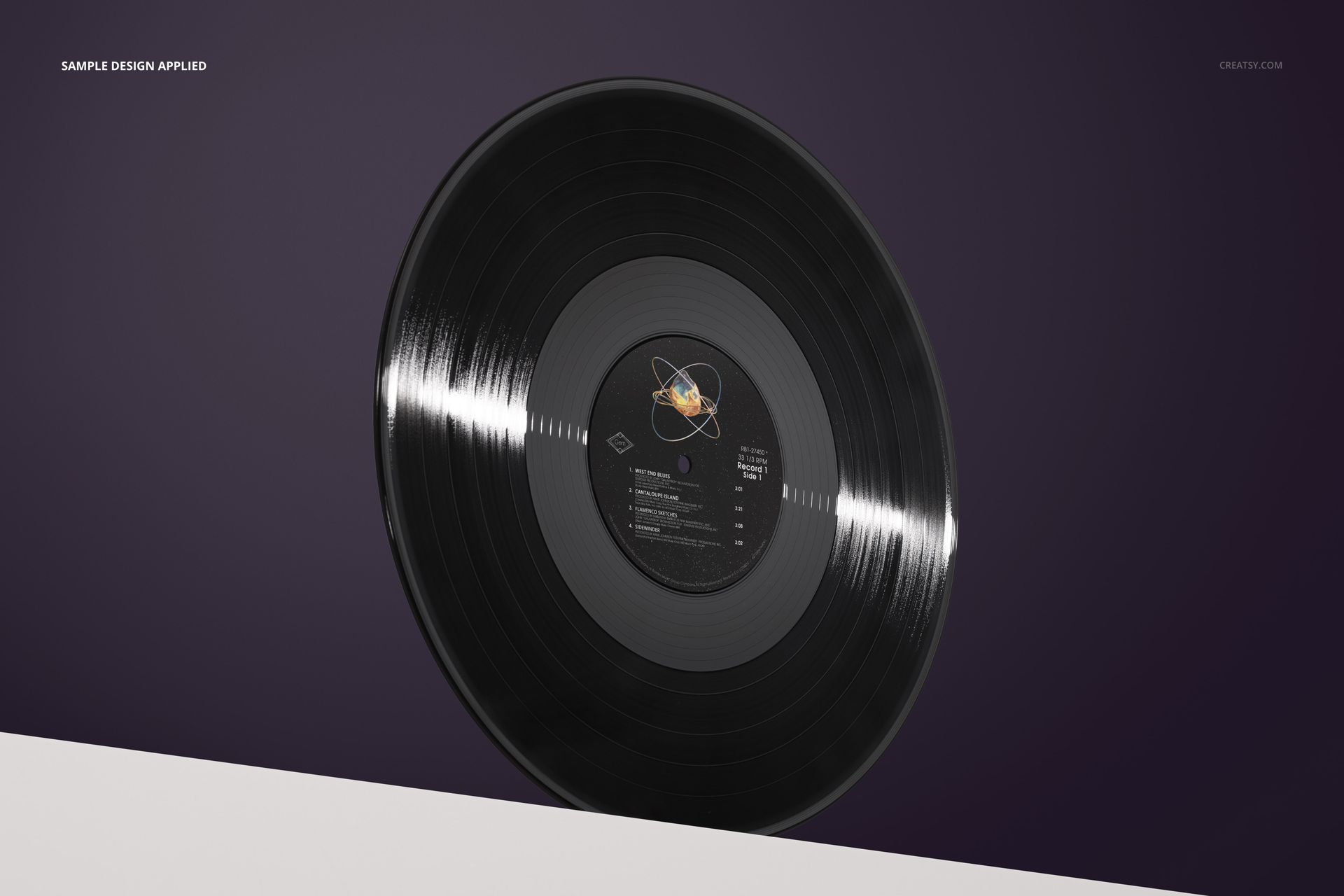 Black vinyl record standing upright on a white pedestal against a dark purple background, front view mockup.