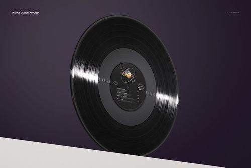 Black vinyl record standing upright on a white pedestal against a dark purple background, front view mockup.