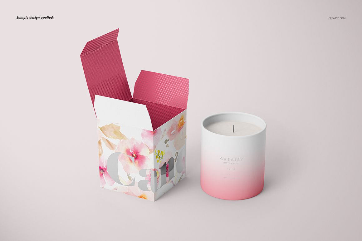 Classic candle mockup featuring a matte glass candle and an open floral box, displayed on a soft pink surface.