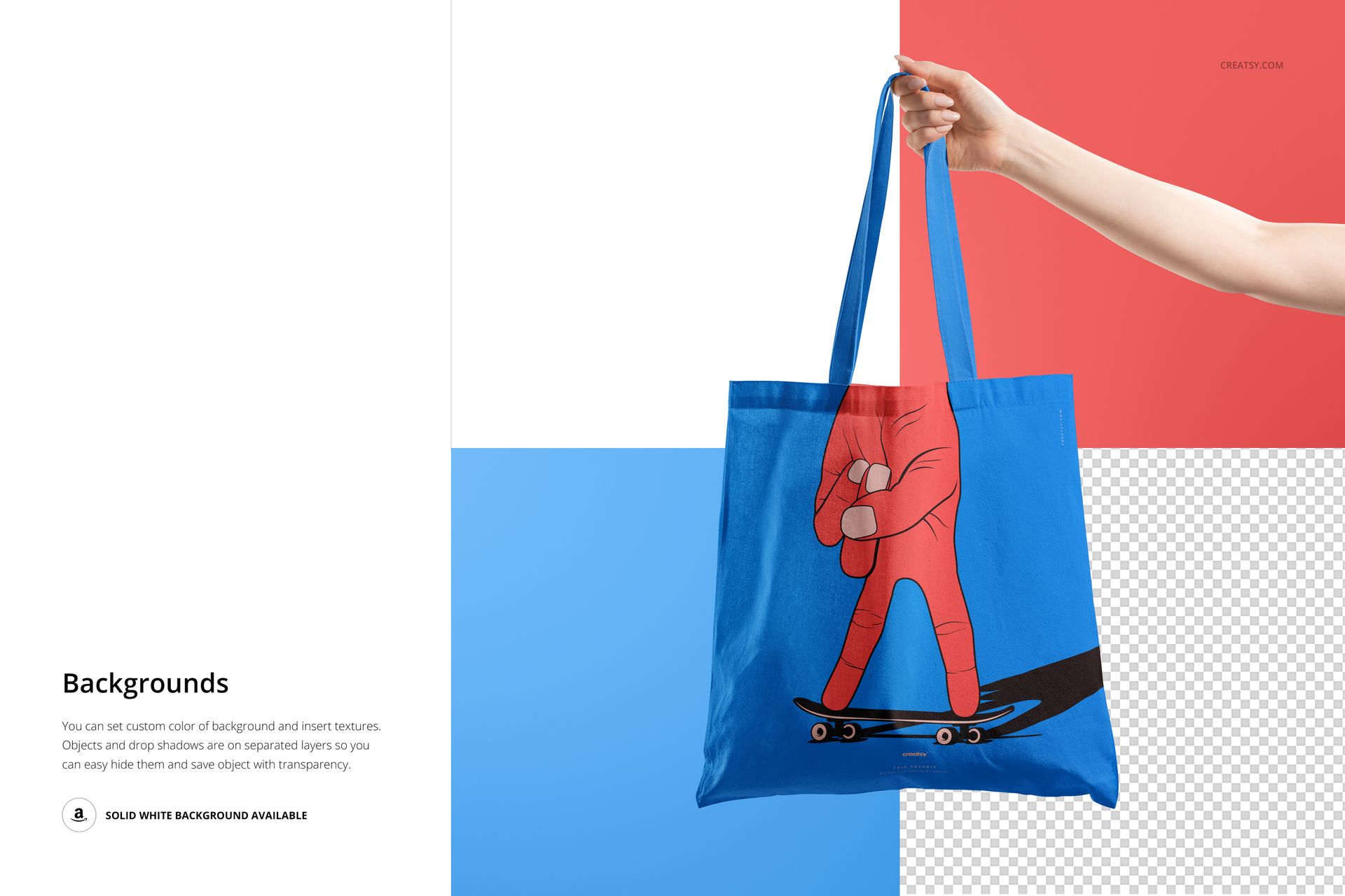 Blue tote bag mockup featuring a hand illustration riding skateboards, displayed with a multi-color and transparent backdrop.