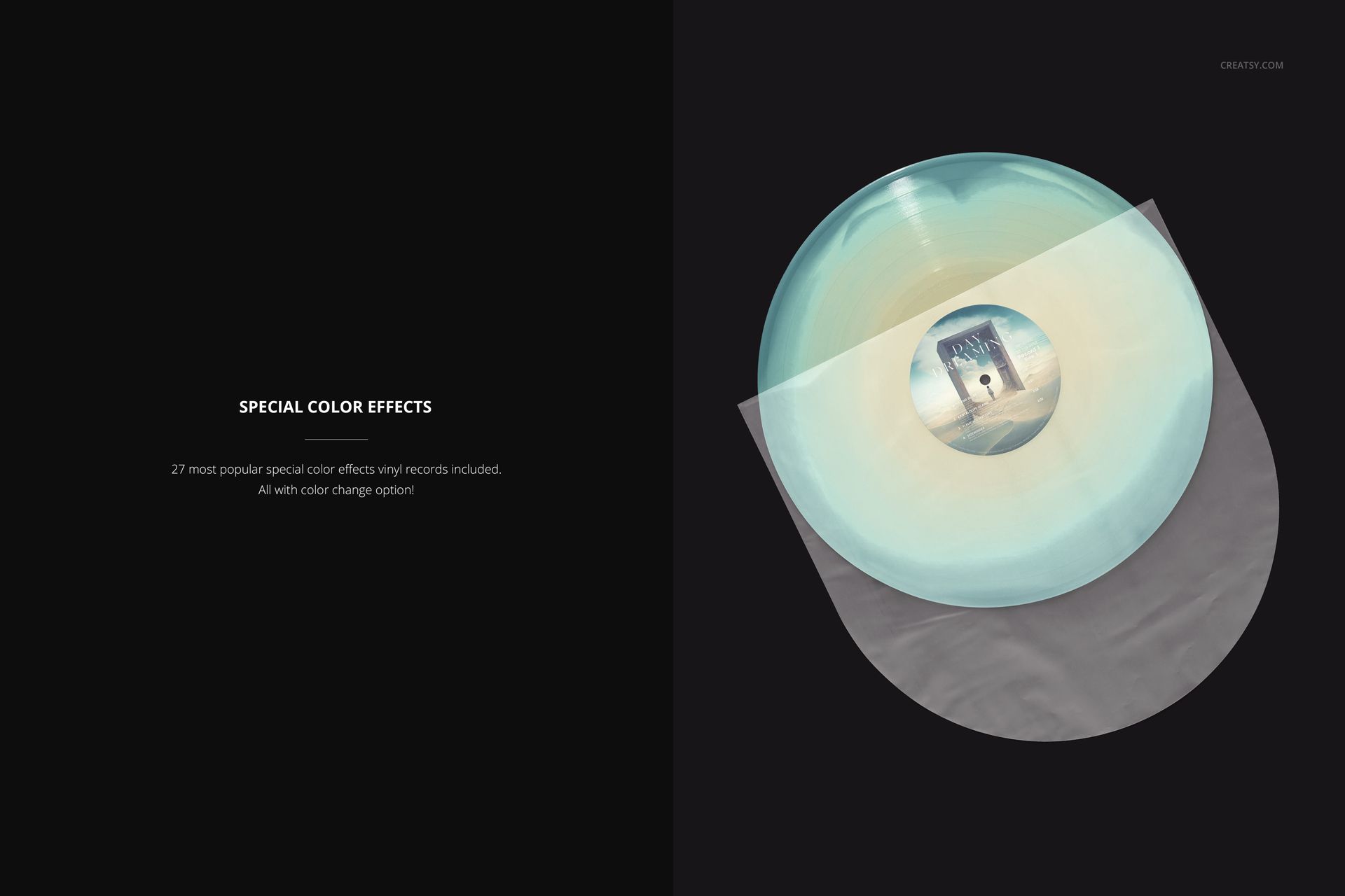 PSD mockup featuring a circular colored vinyl record in a translucent sleeve, presented on a dark surface.