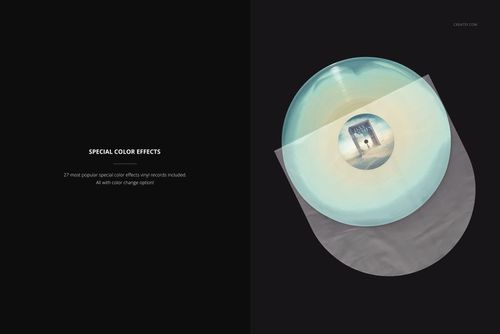 PSD mockup featuring a circular colored vinyl record in a translucent sleeve, presented on a dark surface.