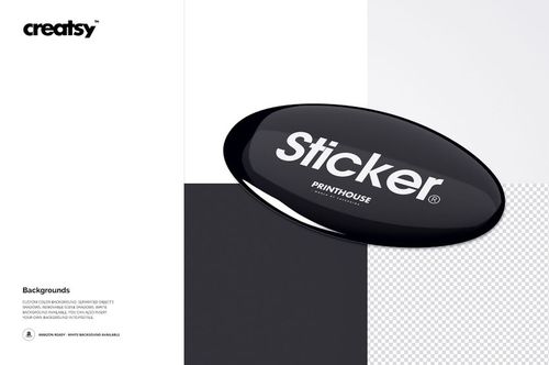 Oval-shaped 3D epoxy dome sticker mockup shown from a top angle on a geometric black, white, and gray background.