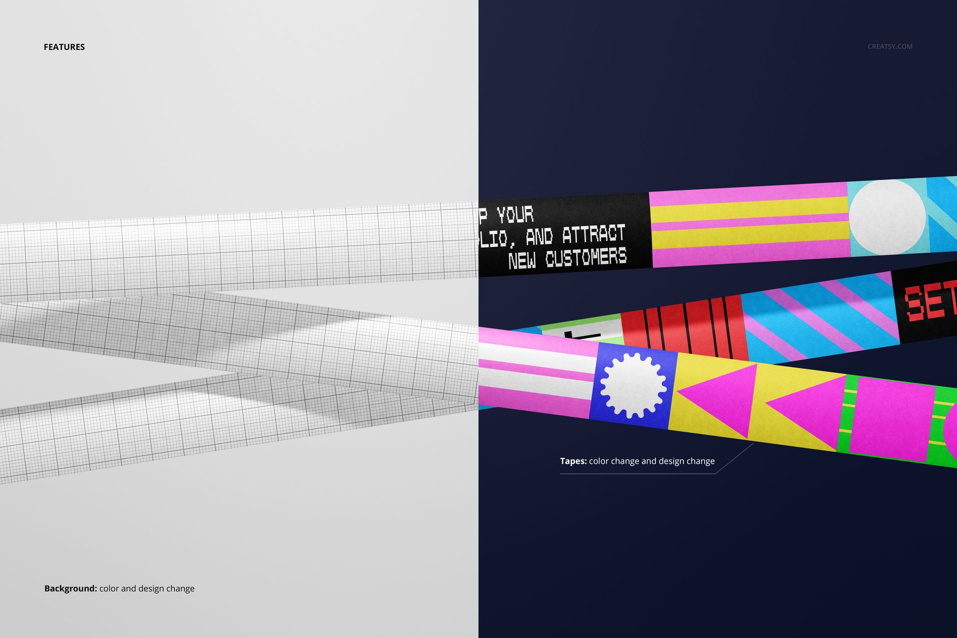 Packaging tape mockup featuring multiple tape strips in vibrant colors and patterns, displayed in a side-by-side layout.