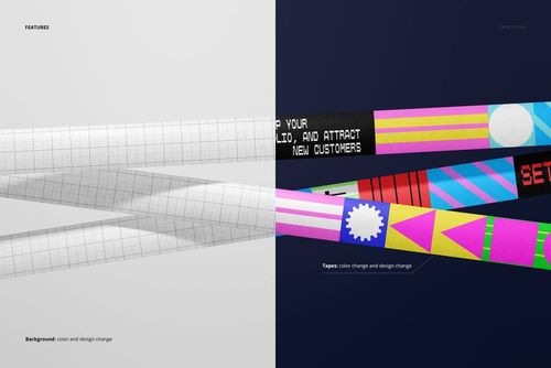 Packaging tape mockup featuring multiple tape strips in vibrant colors and patterns, displayed in a side-by-side layout.