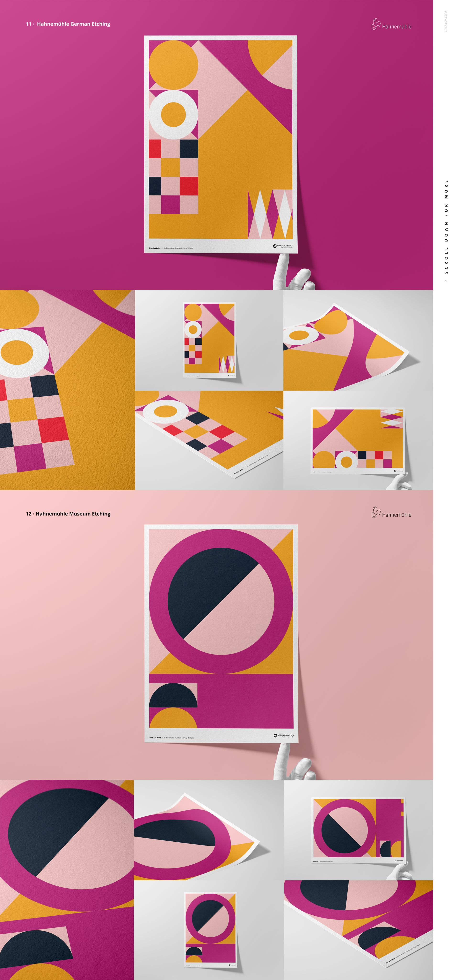 A3 fine art print mockup bundle featuring abstract geometric designs in pink, yellow, black, and white on various paper sheets.