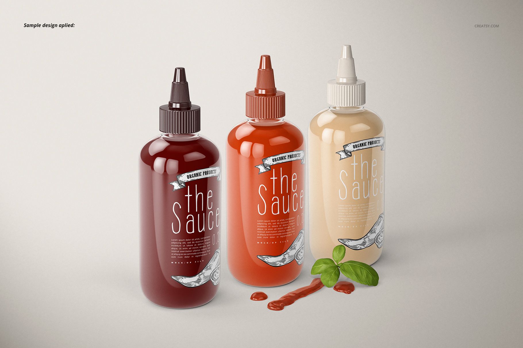 PSD mockup showing three sauce bottles with editable labels, front view, accompanied by basil and sauce drips on the surface.