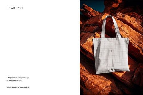 Front view of a plain canvas tote bag mockup with grid lines, placed on rugged orange rock formations.