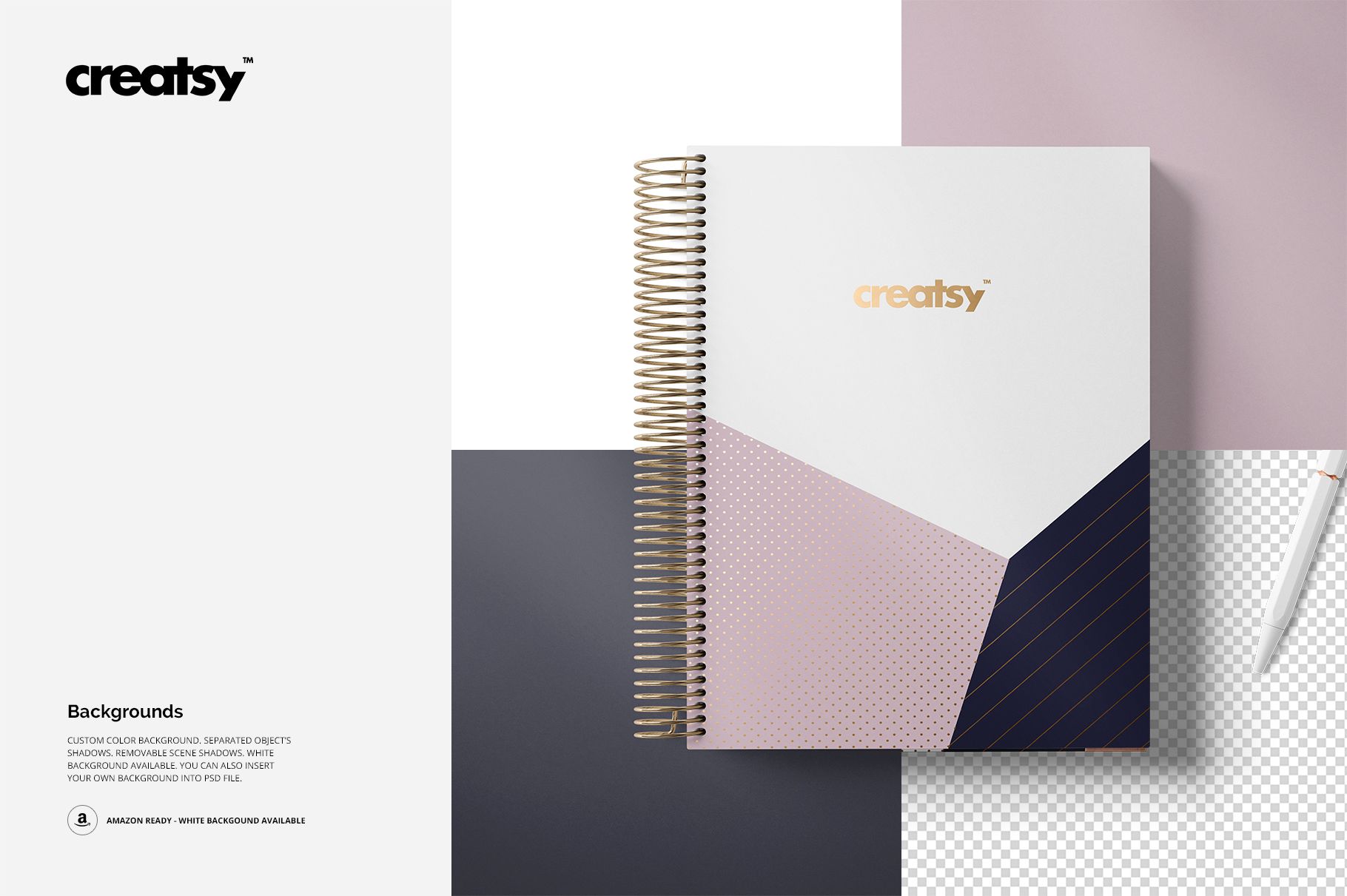 Top view of a coil bound planner mockup with abstract geometric cover, placed on pastel and dark square backgrounds.