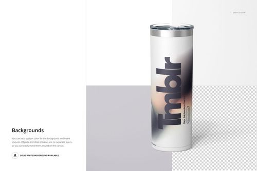 Front view of a powder coated skinny tumbler with a stainless steel lid, shown on a split white and gray background.